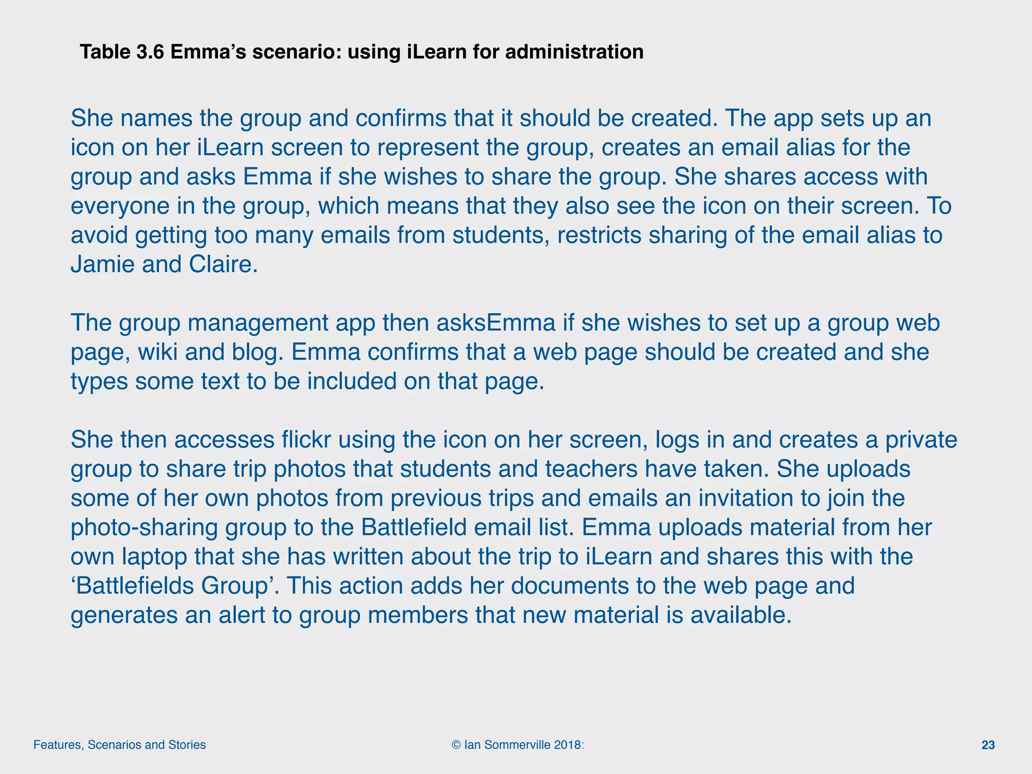 © Ian Sommerville 2018:Features, Scenarios and Stories
Table 3.6 Emma’s scenario: using iLearn for administration
23
She names the group and conﬁrms that it should be created. The app sets up an
icon on her iLearn screen to represent the group, creates an email alias for the
group and asks Emma if she wishes to share the group. She shares access with
everyone in the group, which means that they also see the icon on their screen. To
avoid getting too many emails from students, restricts sharing of the email alias to
Jamie and Claire.
The group management app then asksEmma if she wishes to set up a group web
page, wiki and blog. Emma conﬁrms that a web page should be created and she
types some text to be included on that page.
She then accesses ﬂickr using the icon on her screen, logs in and creates a private
group to share trip photos that students and teachers have taken. She uploads
some of her own photos from previous trips and emails an invitation to join the
photo-sharing group to the Battleﬁeld email list. Emma uploads material from her
own laptop that she has written about the trip to iLearn and shares this with the
‘Battleﬁelds Group’. This action adds her documents to the web page and
generates an alert to group members that new material is available.
 