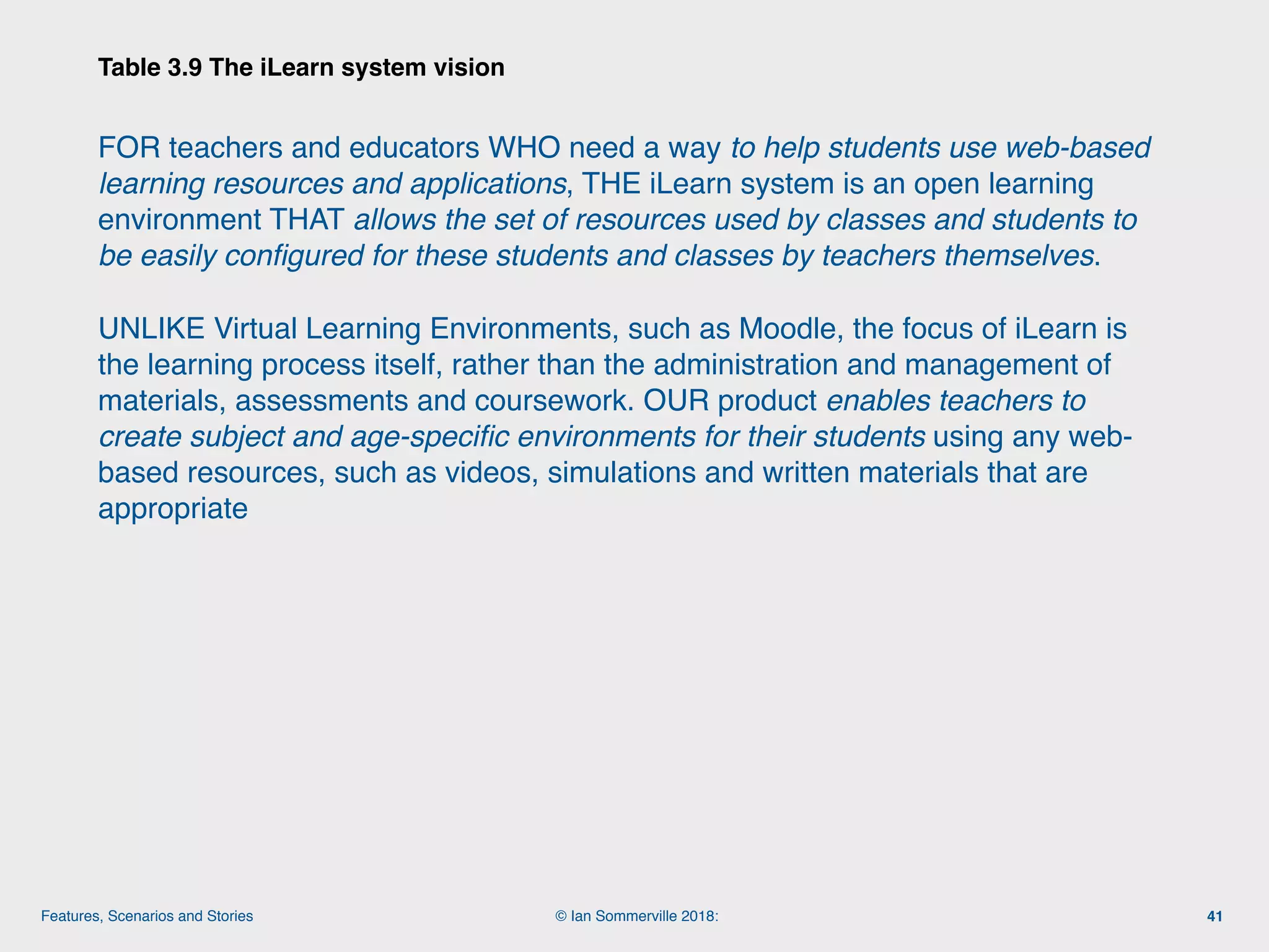 © Ian Sommerville 2018:Features, Scenarios and Stories
FOR teachers and educators WHO need a way to help students use web-based
learning resources and applications, THE iLearn system is an open learning
environment THAT allows the set of resources used by classes and students to
be easily conﬁgured for these students and classes by teachers themselves.
UNLIKE Virtual Learning Environments, such as Moodle, the focus of iLearn is
the learning process itself, rather than the administration and management of
materials, assessments and coursework. OUR product enables teachers to
create subject and age-speciﬁc environments for their students using any web-
based resources, such as videos, simulations and written materials that are
appropriate
Table 3.9 The iLearn system vision
41
 