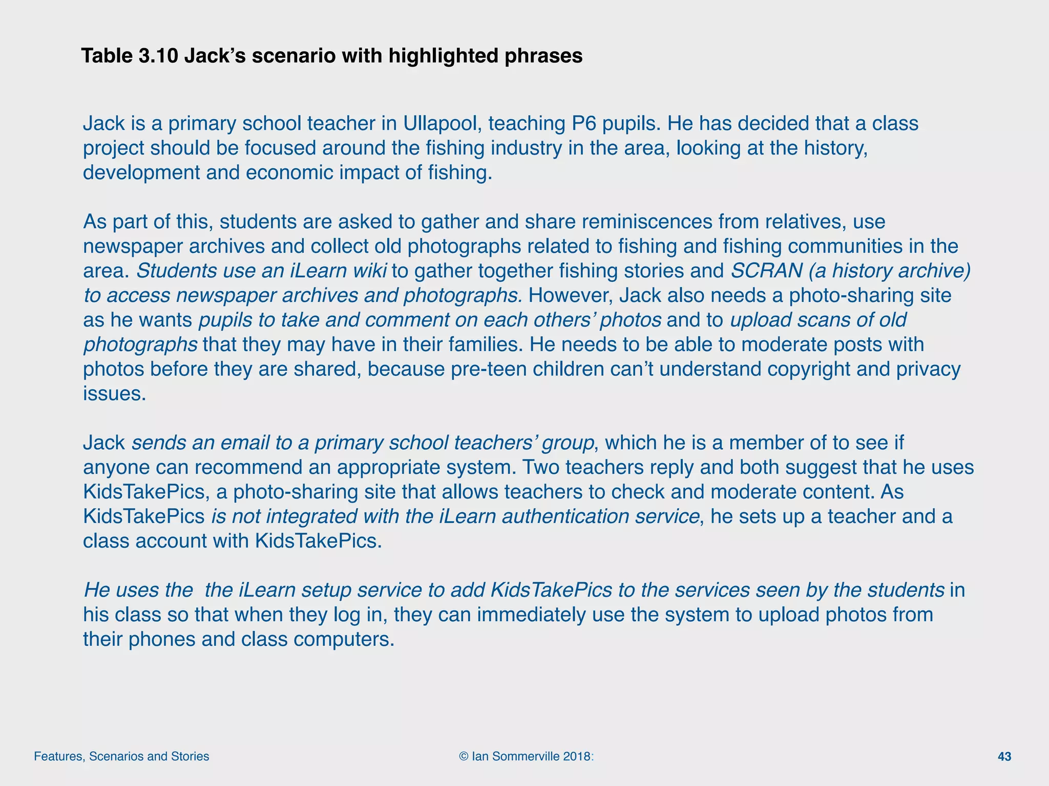 © Ian Sommerville 2018:Features, Scenarios and Stories
Table 3.10 Jack’s scenario with highlighted phrases
43
Jack is a primary school teacher in Ullapool, teaching P6 pupils. He has decided that a class
project should be focused around the ﬁshing industry in the area, looking at the history,
development and economic impact of ﬁshing.
As part of this, students are asked to gather and share reminiscences from relatives, use
newspaper archives and collect old photographs related to ﬁshing and ﬁshing communities in the
area. Students use an iLearn wiki to gather together ﬁshing stories and SCRAN (a history archive)
to access newspaper archives and photographs. However, Jack also needs a photo-sharing site
as he wants pupils to take and comment on each others’ photos and to upload scans of old
photographs that they may have in their families. He needs to be able to moderate posts with
photos before they are shared, because pre-teen children can’t understand copyright and privacy
issues.
Jack sends an email to a primary school teachers’ group, which he is a member of to see if
anyone can recommend an appropriate system. Two teachers reply and both suggest that he uses
KidsTakePics, a photo-sharing site that allows teachers to check and moderate content. As
KidsTakePics is not integrated with the iLearn authentication service, he sets up a teacher and a
class account with KidsTakePics.
He uses the the iLearn setup service to add KidsTakePics to the services seen by the students in
his class so that when they log in, they can immediately use the system to upload photos from
their phones and class computers.
 