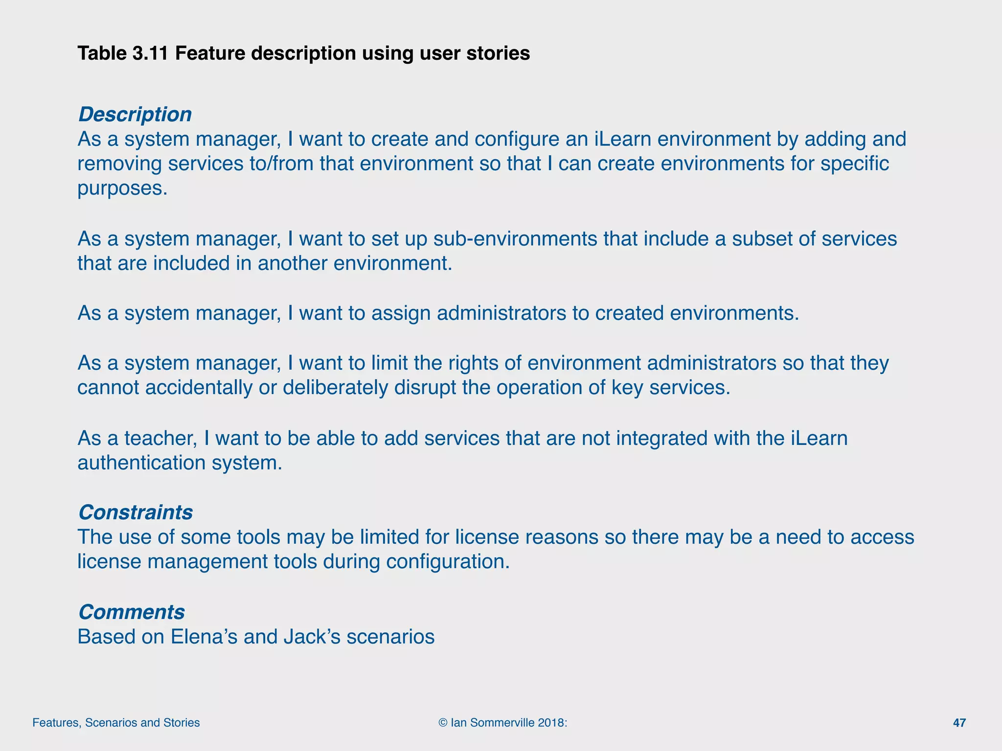 © Ian Sommerville 2018:Features, Scenarios and Stories
Description 
As a system manager, I want to create and conﬁgure an iLearn environment by adding and
removing services to/from that environment so that I can create environments for speciﬁc
purposes.
As a system manager, I want to set up sub-environments that include a subset of services
that are included in another environment.
As a system manager, I want to assign administrators to created environments.
As a system manager, I want to limit the rights of environment administrators so that they
cannot accidentally or deliberately disrupt the operation of key services.
As a teacher, I want to be able to add services that are not integrated with the iLearn
authentication system.
Constraints 
The use of some tools may be limited for license reasons so there may be a need to access
license management tools during conﬁguration.
Comments 
Based on Elena’s and Jack’s scenarios
Table 3.11 Feature description using user stories
47
 