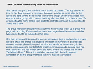 © Ian Sommerville 2018:Features, Scenarios and Stories
Table 3.6 Emma’s scenario: using iLearn for administration
23
She names the group and conﬁrms that it should be created. The app sets up an
icon on her iLearn screen to represent the group, creates an email alias for the
group and asks Emma if she wishes to share the group. She shares access with
everyone in the group, which means that they also see the icon on their screen. To
avoid getting too many emails from students, restricts sharing of the email alias to
Jamie and Claire.
The group management app then asksEmma if she wishes to set up a group web
page, wiki and blog. Emma conﬁrms that a web page should be created and she
types some text to be included on that page.
She then accesses ﬂickr using the icon on her screen, logs in and creates a private
group to share trip photos that students and teachers have taken. She uploads
some of her own photos from previous trips and emails an invitation to join the
photo-sharing group to the Battleﬁeld email list. Emma uploads material from her
own laptop that she has written about the trip to iLearn and shares this with the
‘Battleﬁelds Group’. This action adds her documents to the web page and
generates an alert to group members that new material is available.
 