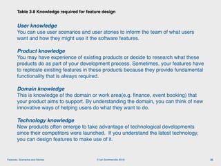 © Ian Sommerville 2018:Features, Scenarios and Stories
User knowledge 
You can use user scenarios and user stories to inform the team of what users
want and how they might use it the software features.
Product knowledge 
You may have experience of existing products or decide to research what these
products do as part of your development process. Sometimes, your features have
to replicate existing features in these products because they provide fundamental
functionality that is always required.
Domain knowledge 
This is knowledge of the domain or work area(e.g. ﬁnance, event booking) that
your product aims to support. By understanding the domain, you can think of new
innovative ways of helping users do what they want to do.
Technology knowledge 
New products often emerge to take advantage of technological developments
since their competitors were launched. If you understand the latest technology,
you can design features to make use of it.
Table 3.8 Knowledge required for feature design
35
 