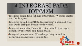 Integrasi benda fisik (Things Integration)  dunia digital
dan dunia nyata.
Integrasi data digital (Data Integration)  dunia digital
dan dunia jaringan komputer (internet).
Integrasi semantik (Semantic Integration)  jaringan
komputer (internet) dan dunia nyata.
Integrasi pengetahuan (Knowledge Integration) 
pengguna, masyarakat, komunitas.
 