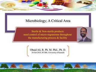 Microbiology; A Critical Area
Sterile & Non-sterile products
need control of micro-orgranisms throughout
the manufacturing process & facility
Obaid Ali, R. Ph. M. Phil., Ph. D.
24 Feb 2019, ICCBS, University of Karachi
 