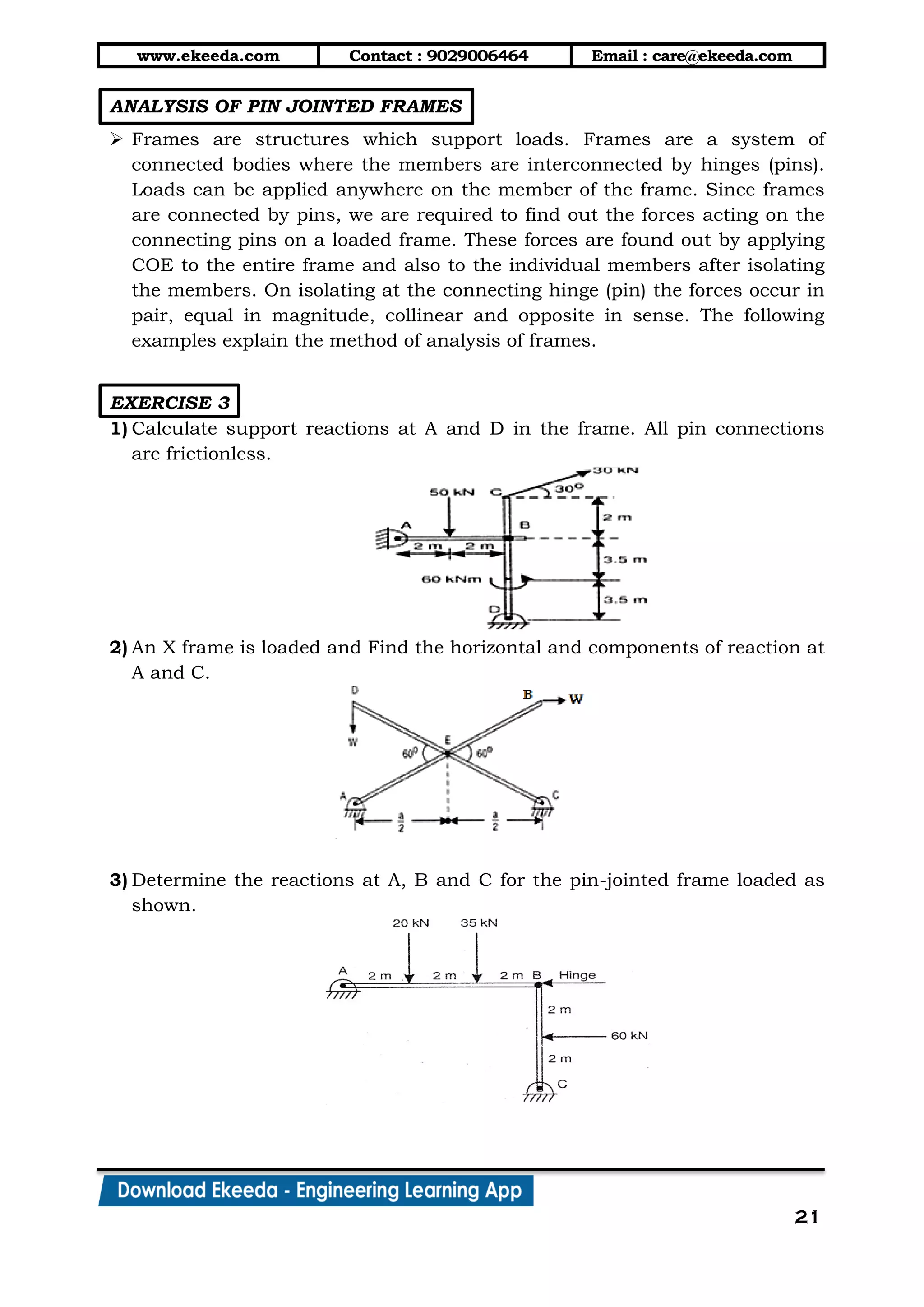 www.ekeeda.com Contact : 9029006464 Email : care@ekeeda.com
21
ANALYSIS OF PIN JOINTED FRAMES
 Frames are structures which support loads. Frames are a system of
connected bodies where the members are interconnected by hinges (pins).
Loads can be applied anywhere on the member of the frame. Since frames
are connected by pins, we are required to find out the forces acting on the
connecting pins on a loaded frame. These forces are found out by applying
COE to the entire frame and also to the individual members after isolating
the members. On isolating at the connecting hinge (pin) the forces occur in
pair, equal in magnitude, collinear and opposite in sense. The following
examples explain the method of analysis of frames.
EXERCISE 3
1) Calculate support reactions at A and D in the frame. All pin connections
are frictionless.
2) An X frame is loaded and Find the horizontal and components of reaction at
A and C.
3) Determine the reactions at A, B and C for the pin-jointed frame loaded as
shown.
 