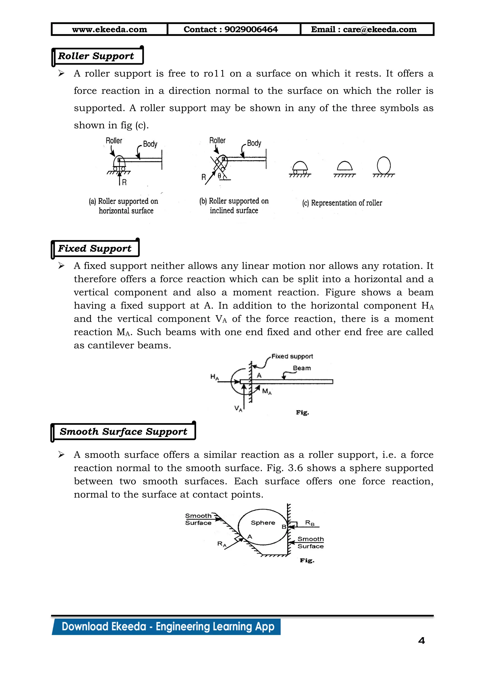 www.ekeeda.com Contact : 9029006464 Email : care@ekeeda.com
4
Roller Support
 A roller support is free to ro11 on a surface on which it rests. It offers a
force reaction in a direction normal to the surface on which the roller is
supported. A roller support may be shown in any of the three symbols as
shown in fig (c).
Fixed Support
 A fixed support neither allows any linear motion nor allows any rotation. It
therefore offers a force reaction which can be split into a horizontal and a
vertical component and also a moment reaction. Figure shows a beam
having a fixed support at A. In addition to the horizontal component HA
and the vertical component VA of the force reaction, there is a moment
reaction MA. Such beams with one end fixed and other end free are called
as cantilever beams.
Smooth Surface Support
 A smooth surface offers a similar reaction as a roller support, i.e. a force
reaction normal to the smooth surface. Fig. 3.6 shows a sphere supported
between two smooth surfaces. Each surface offers one force reaction,
normal to the surface at contact points.
 