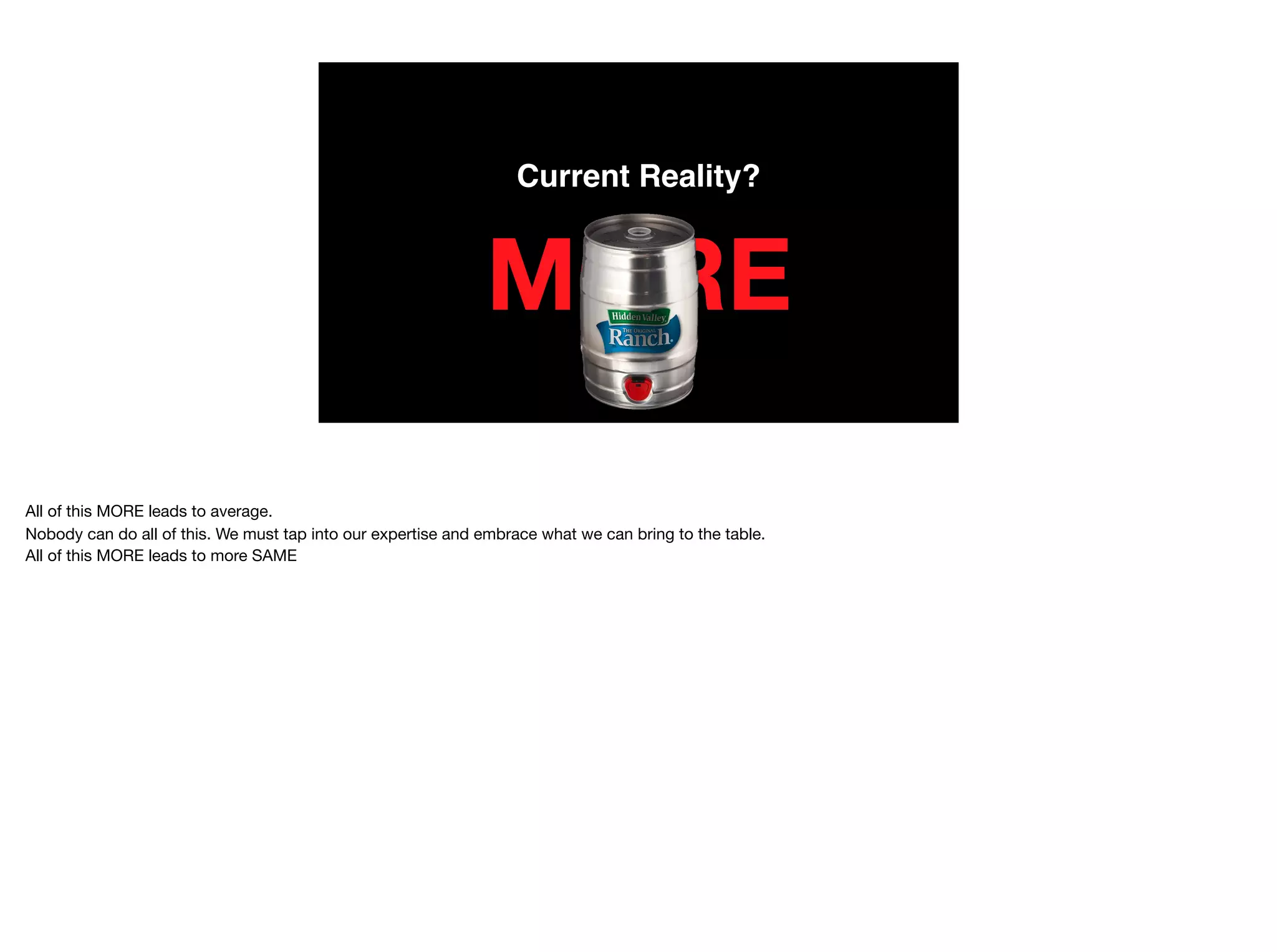 Current Reality?
MORE
All of this MORE leads to average.

Nobody can do all of this. We must tap into our expertise and embrace what we can bring to the table.

All of this MORE leads to more SAME
 