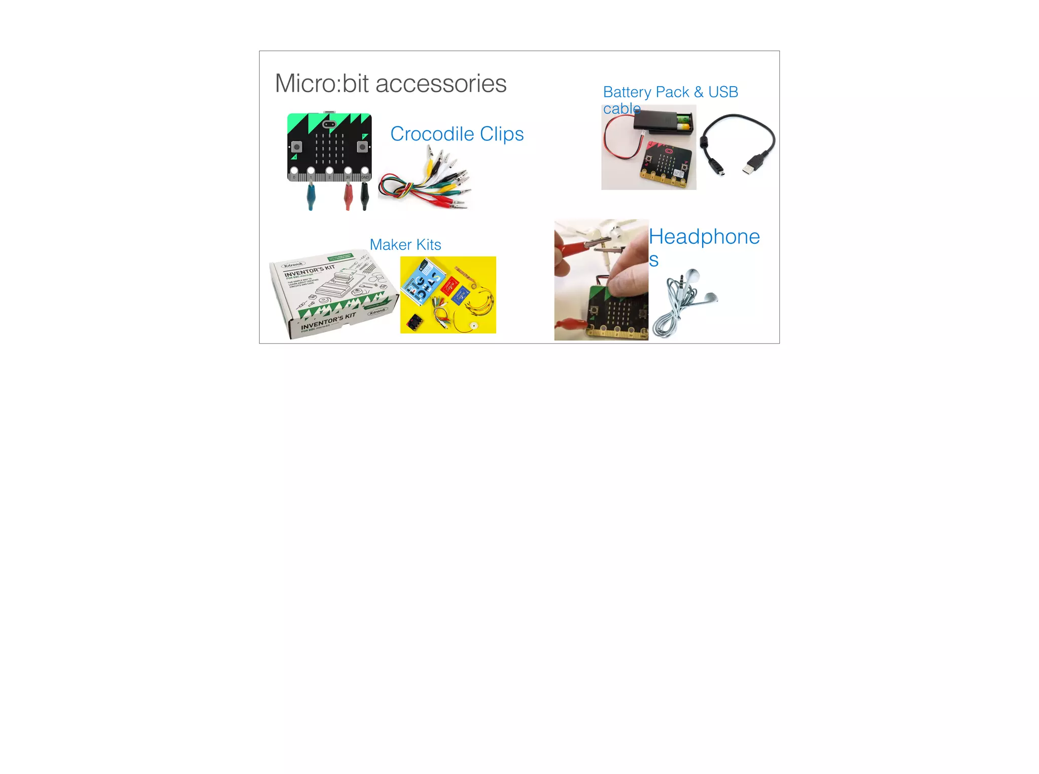 Micro:bit accessories
Crocodile Clips
Battery Pack & USB
cable
Headphone
s
Maker Kits
 