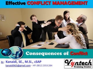Interpersonal Conflict at Workplace
Consequences of Conflict
Effective CONFLICT MANAGEMENT
1 1HM MBT OKTOBER 2009
By : Kanaidi, SE., M.Si., cSAP
kanaidi963@gmail.com - HP. 0812 2353 284
 