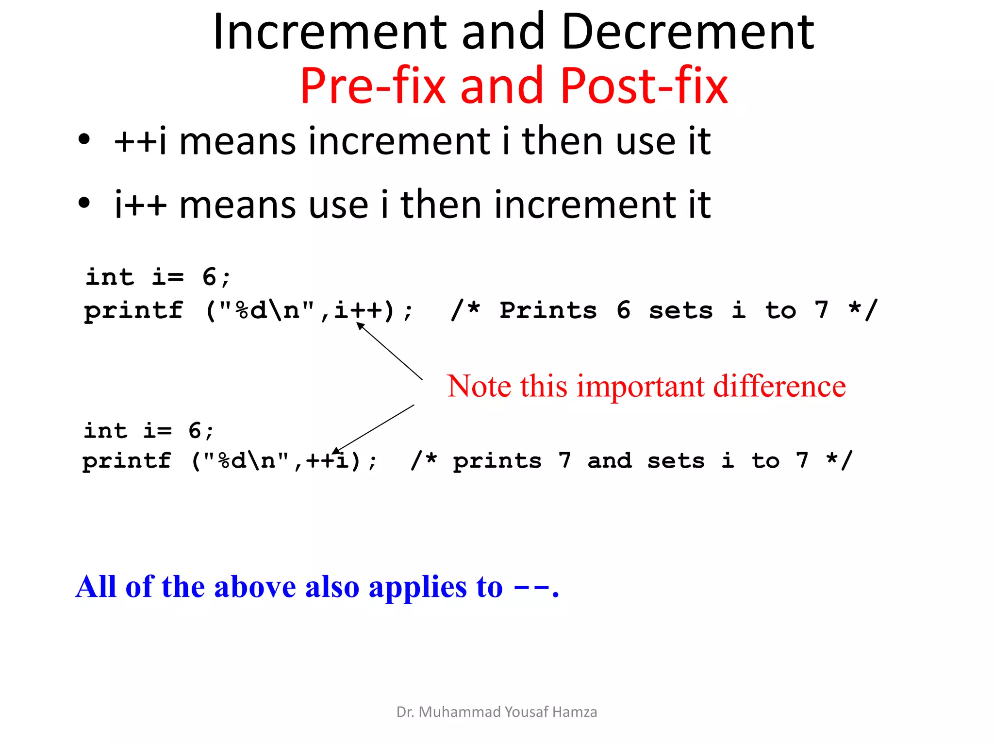 • ++i means increment i then use it
• i++ means use i then increment it
int i= 6;
printf ("%dn",i++); /* Prints 6 sets i to 7 */
int i= 6;
printf ("%dn",++i); /* prints 7 and sets i to 7 */
Note this important difference
All of the above also applies to --.
Increment and Decrement
Pre-fix and Post-fix
Dr. Muhammad Yousaf Hamza
 