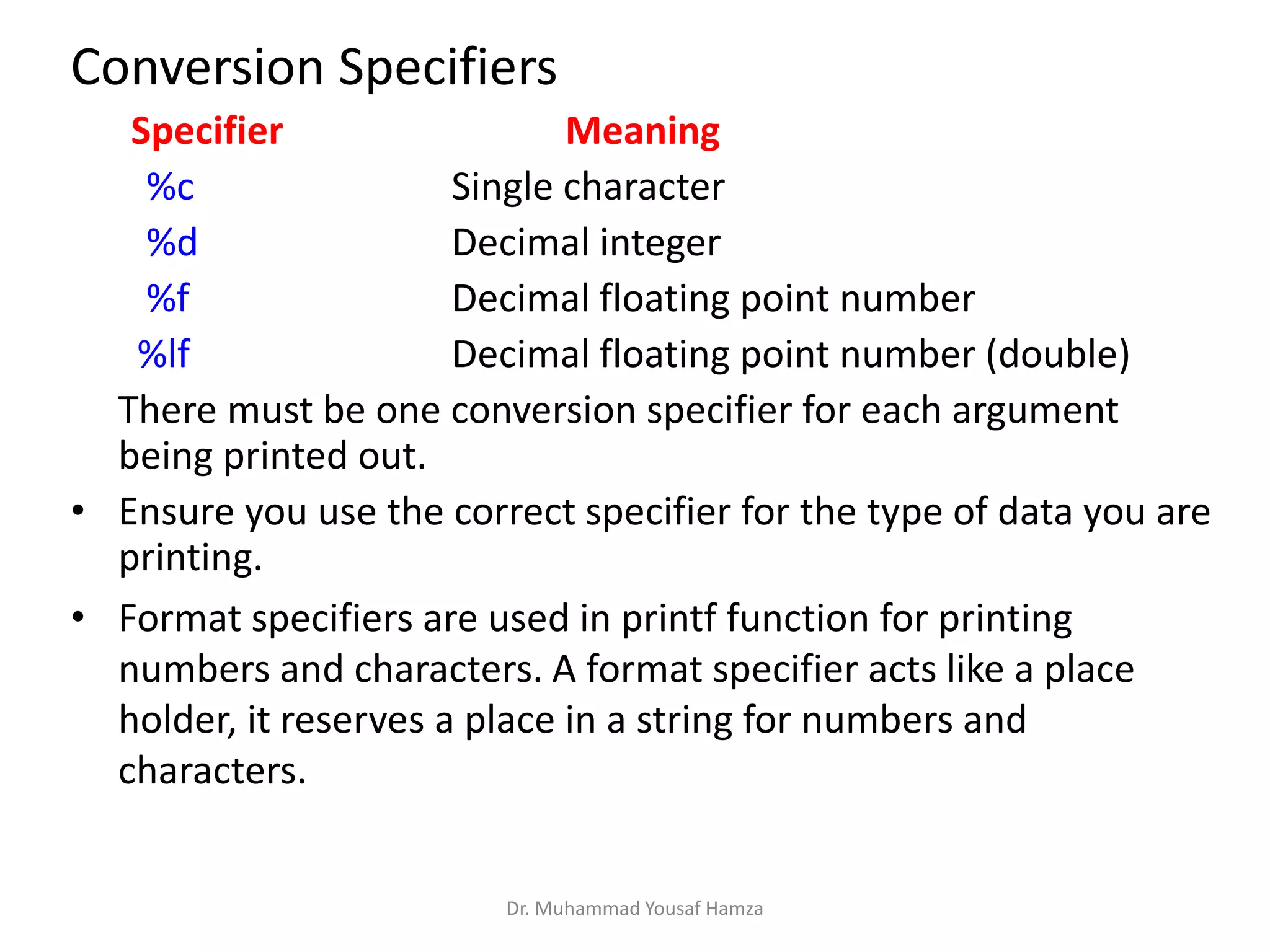 Conversion Specifiers
Specifier Meaning
%c Single character
%d Decimal integer
%f Decimal floating point number
%lf Decimal floating point number (double)
There must be one conversion specifier for each argument
being printed out.
• Ensure you use the correct specifier for the type of data you are
printing.
• Format specifiers are used in printf function for printing
numbers and characters. A format specifier acts like a place
holder, it reserves a place in a string for numbers and
characters.
Dr. Muhammad Yousaf Hamza
 