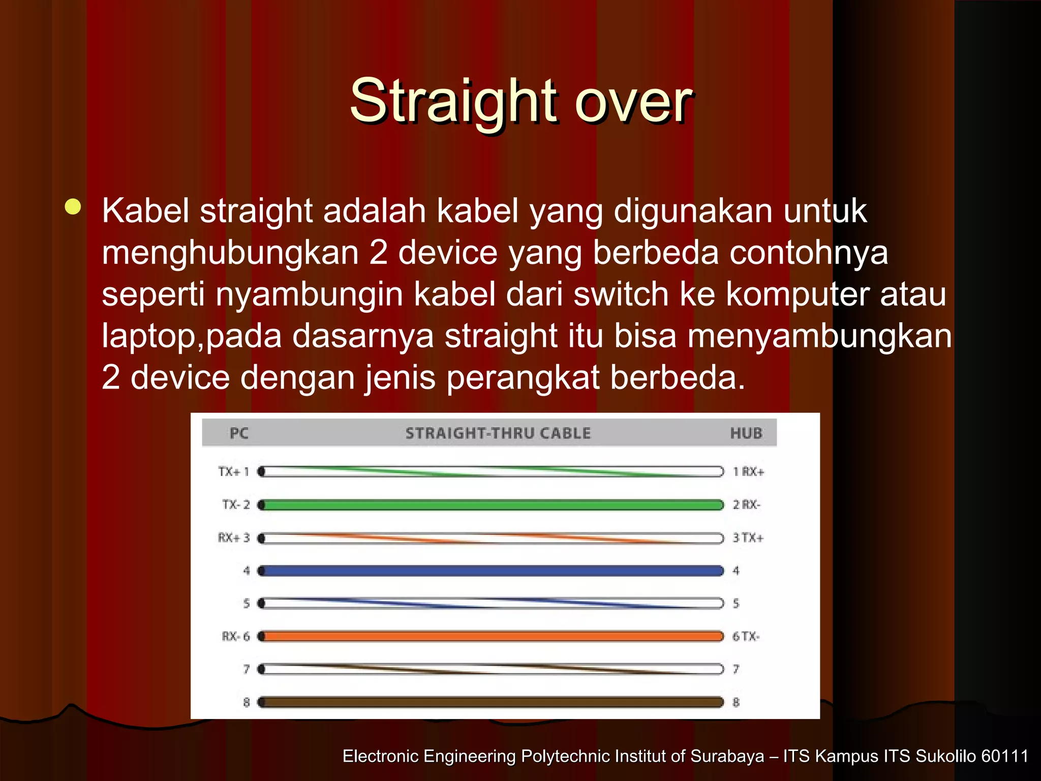 Electronic Engineering Polytechnic Institut of Surabaya – ITS Kampus ITS Sukolilo 60111Electronic Engineering Polytechnic Institut of Surabaya – ITS Kampus ITS Sukolilo 60111
Straight overStraight over
 Kabel straight adalah kabel yang digunakan untuk
menghubungkan 2 device yang berbeda contohnya
seperti nyambungin kabel dari switch ke komputer atau
laptop,pada dasarnya straight itu bisa menyambungkan
2 device dengan jenis perangkat berbeda.
 
