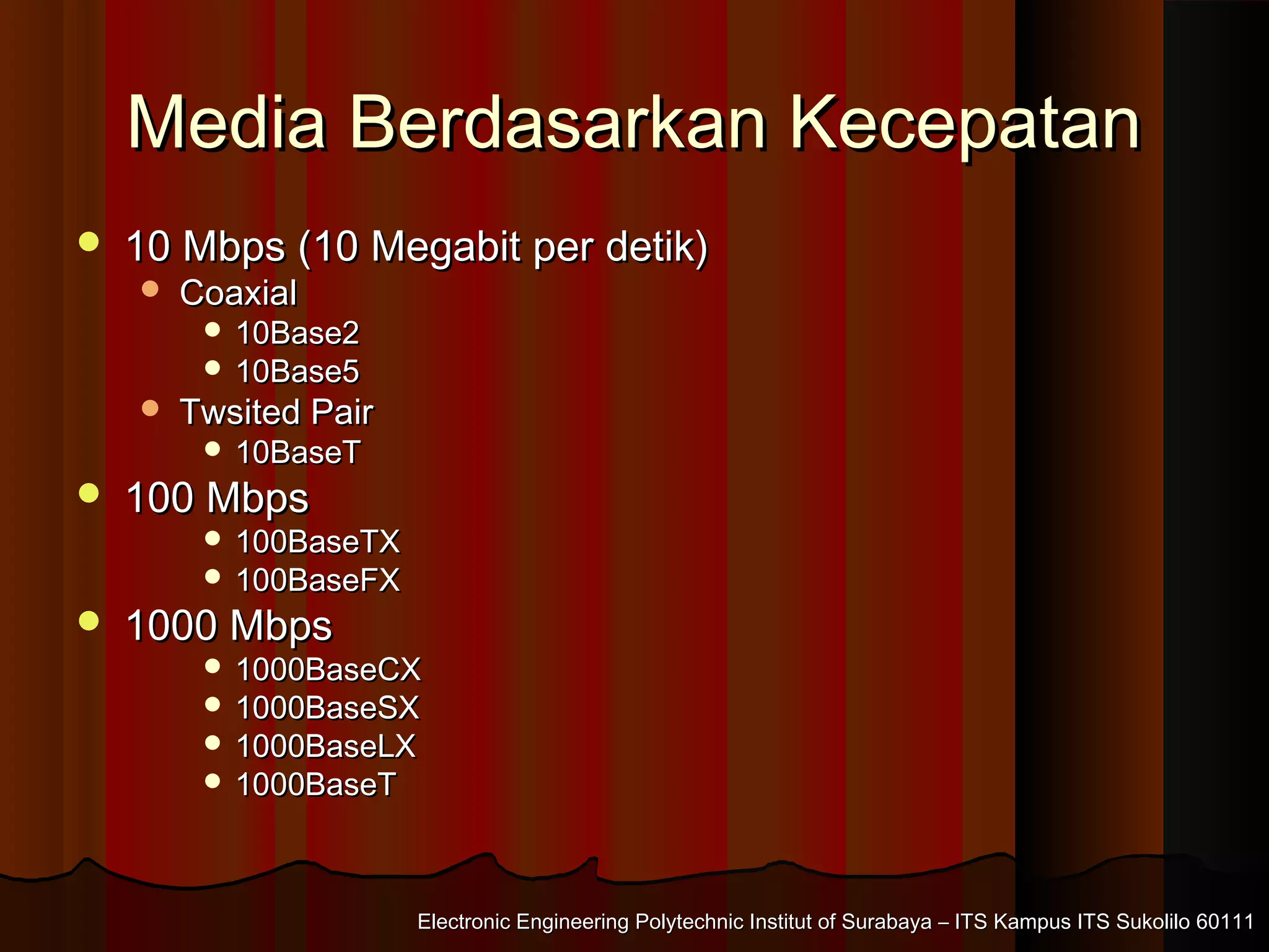 Electronic Engineering Polytechnic Institut of Surabaya – ITS Kampus ITS Sukolilo 60111Electronic Engineering Polytechnic Institut of Surabaya – ITS Kampus ITS Sukolilo 60111
Media Berdasarkan KecepatanMedia Berdasarkan Kecepatan
 10 Mbps (10 Megabit per detik)10 Mbps (10 Megabit per detik)
 CoaxialCoaxial
 10Base210Base2
 10Base510Base5
 Twsited PairTwsited Pair
 10BaseT10BaseT
 100 Mbps100 Mbps
 100BaseTX100BaseTX
 100BaseFX100BaseFX
 1000 Mbps1000 Mbps
 1000BaseCX1000BaseCX
 1000BaseSX1000BaseSX
 1000BaseLX1000BaseLX
 1000BaseT1000BaseT
 