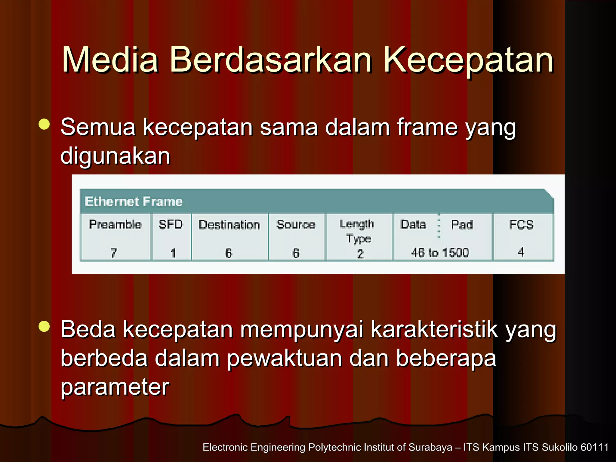 Electronic Engineering Polytechnic Institut of Surabaya – ITS Kampus ITS Sukolilo 60111Electronic Engineering Polytechnic Institut of Surabaya – ITS Kampus ITS Sukolilo 60111
Media Berdasarkan KecepatanMedia Berdasarkan Kecepatan
 Semua kecepatan sama dalam frame yangSemua kecepatan sama dalam frame yang
digunakandigunakan
 Beda kecepatan mempunyai karakteristik yangBeda kecepatan mempunyai karakteristik yang
berbeda dalam pewaktuan dan beberapaberbeda dalam pewaktuan dan beberapa
parameterparameter
 