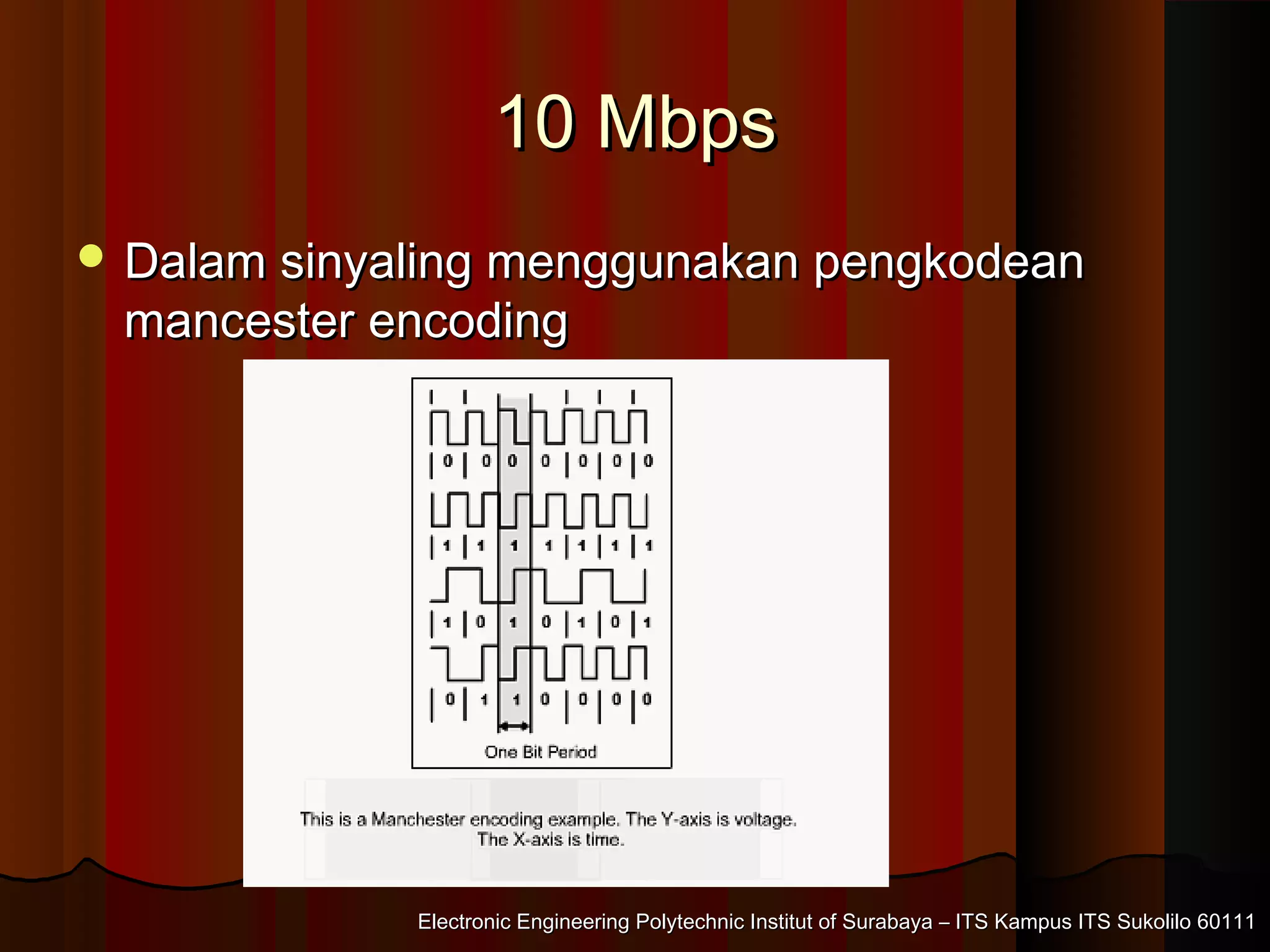 Electronic Engineering Polytechnic Institut of Surabaya – ITS Kampus ITS Sukolilo 60111Electronic Engineering Polytechnic Institut of Surabaya – ITS Kampus ITS Sukolilo 60111
10 Mbps10 Mbps
 Dalam sinyaling menggunakan pengkodeanDalam sinyaling menggunakan pengkodean
mancester encodingmancester encoding
 