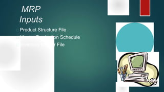 MRP
Inputs
 Product Structure File
 Master Production Schedule
 Inventory Master File
 