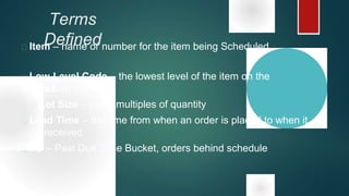 Terms
Defined Item – name or number for the item being Scheduled
 Low-Level Code – the lowest level of the item on the
productstructure file
 Lot Size – order multiples of quantity
 Lead Time – the time from when an order is placed to when it
is received
 PD – Past Due Time Bucket, orders behind schedule
 