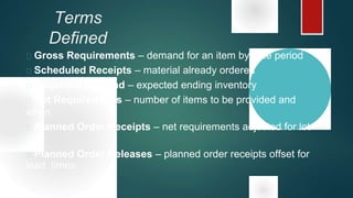 Terms
Defined
 Gross Requirements – demand for an item by time period
 Scheduled Receipts – material already ordered
 Projected on Hand – expected ending inventory
 Net Requirements – number of items to be provided and
when
 Planned Order Receipts – net requirements adjusted for lot
size
 Planned Order Releases – planned order receipts offset for
lead times
 