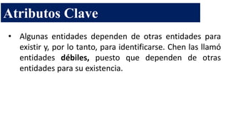 • Algunas entidades dependen de otras entidades para
existir y, por lo tanto, para identificarse. Chen las llamó
entidades débiles, puesto que dependen de otras
entidades para su existencia.
Atributos Clave
 
