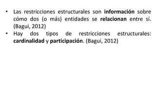 • Las restricciones estructurales son información sobre
cómo dos (o más) entidades se relacionan entre sí.
(Bagui, 2012)
• Hay dos tipos de restricciones estructurales:
cardinalidad y participación. (Bagui, 2012)
 