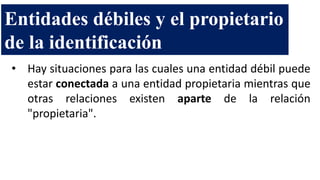 • Hay situaciones para las cuales una entidad débil puede
estar conectada a una entidad propietaria mientras que
otras relaciones existen aparte de la relación
"propietaria".
Entidades débiles y el propietario
de la identificación
 