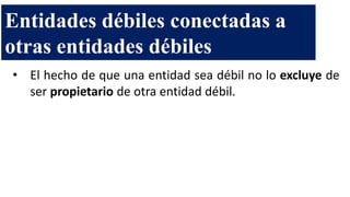 • El hecho de que una entidad sea débil no lo excluye de
ser propietario de otra entidad débil.
Entidades débiles conectadas a
otras entidades débiles
 