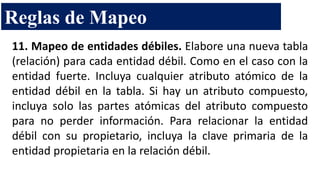 11. Mapeo de entidades débiles. Elabore una nueva tabla
(relación) para cada entidad débil. Como en el caso con la
entidad fuerte. Incluya cualquier atributo atómico de la
entidad débil en la tabla. Si hay un atributo compuesto,
incluya solo las partes atómicas del atributo compuesto
para no perder información. Para relacionar la entidad
débil con su propietario, incluya la clave primaria de la
entidad propietaria en la relación débil.
Reglas de Mapeo
 