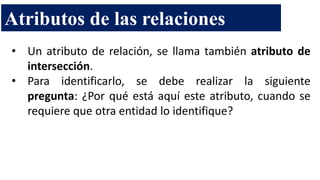 • Un atributo de relación, se llama también atributo de
intersección.
• Para identificarlo, se debe realizar la siguiente
pregunta: ¿Por qué está aquí este atributo, cuando se
requiere que otra entidad lo identifique?
Atributos de las relaciones
 