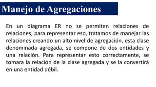 Manejo de Agregaciones
En un diagrama ER no se permiten relaciones de
relaciones, para representar eso, tratamos de manejar las
relaciones creando un alto nivel de agregación, esta clase
denominada agregada, se compone de dos entidades y
una relación. Para representar esto correctamente, se
tomara la relación de la clase agregada y se la convertirá
en una entidad débil.
 