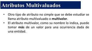 • Otro tipo de atributo no simple que se debe estudiar se
llama atributo multivaluado o multivalor.
• El atributo multivalor, como su nombre lo indica, puede
tomar más de un valor para una ocurrencia dada de
una entidad.
Atributos Multivaluados
 