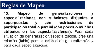 15. Mapeo de generalizaciones y
especializaciones con subclases disjuntas o
superpuestas y con restricciones de
participación total o parcial (con pocos o muchos
atributos en las especializaciones). Para cada
situación de generalización/especialización, cree una
relación (tabla) para la entidad de generalización y
para cada especialización.
Reglas de Mapeo
 