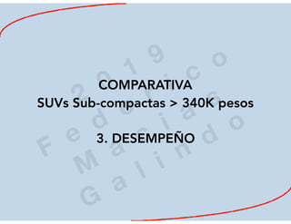 2
0
1
9
F
e
d
e
r i c
o
M
a
c
i a
s
G
a
l i n
d
o
COMPARATIVA
SUVs Sub-compactas > 340K pesos
3. DESEMPEÑO
 