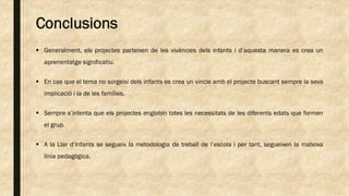Conclusions
 Generalment, els projectes parteixen de les vivències dels infants i d’aquesta manera es crea un
aprenentatge significatiu.
 En cas que el tema no sorgeixi dels infants es crea un vincle amb el projecte buscant sempre la seva
implicació i la de les famílies.
 Sempre s’intenta que els projectes englobin totes les necessitats de les diferents edats que formen
el grup.
 A la Llar d’Infants se segueix la metodologia de treball de l’escola i per tant, segueixen la mateixa
línia pedagògica.
 