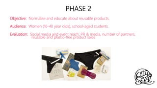Objective: Normalise and educate about reusable products.
Audience: Women (10-40 year olds), school-aged students.
Evaluation: Social media and event reach, PR & media, number of partners,
reusable and plastic-free product sales
PHASE 2
 