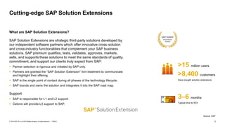 3PUBLIC© 2019 SAP SE or an SAP affiliate company. All rights reserved. ǀ
What are SAP Solution Extensions?
SAP Solution Extensions are strategic third-party solutions developed by
our independent software partners which offer innovative cross-solution
and cross-industry functionalities that complement your SAP business
solutions. SAP premium qualifies, tests, validates, approves, markets,
sells, and supports these solutions to meet the same standards of quality,
commitment, and support our clients truly expect from SAP:
 Partner selection is rigorous and initiated by SAP only.
 Partners are granted the “SAP Solution Extension” font treatment to communicate
and highlight their offering.
 SAP is the single point of contact during all phases of the technology lifecycle.
 SAP brands and owns the solution and integrates it into the SAP road map.
Support
 SAP is responsible for L1 and L2 support.
 Celonis will provide L3 support to SAP.
Cutting-edge SAP Solution Extensions
Source: SAP
>15 million users
>8,400 customers
Have bought solution extensions
3–6 months
Typical time to ROI
 