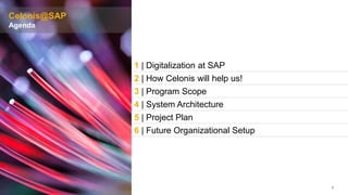 7PUBLIC© 2019 SAP SE or an SAP affiliate company. All rights reserved. ǀ
1 | Digitalization at SAP
2 | How Celonis will help us!
3 | Program Scope
4 | System Architecture
5 | Project Plan
6 | Future Organizational Setup
Celonis@SAP
Agenda
 