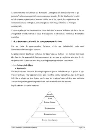 Nabil MRABET & Mansour MRABET Page | 19
Le consommateur est l'élément clé du marché. L'entreprise doit donc étudier tout ce qui
permet d'expliquer comment tel consommateur est amené à décider d'acheter tel produit
qu'elle propose et pour quoi tel autre ne l'achète pas. C'est à partir du comportement du
consommateur que l'entreprise, dans une optique marketing, détermine sa politique
commerciale.
L'objectif principal du consommateur est de satisfaire au mieux un besoin par l'acte d'achat
d'un produit. Avant d'arriver au stade de la décision, il est soumis à l'influence de variables
multiples.
I - Les facteurs explicatifs du comportement d'achat
Par ses choix de consommation, l'acheteur révèle son individualité, mais aussi
l'environnement dans lequel il évolue.
Le comportement d'achat est influencé par deux types de facteurs : les facteurs individuels
(les. besoins, la personnalité du consommateur, ses attentes, ses opinions, son style de vie,
etc.) mais aussi la pression marketing exercée par l'entreprise et ses concurrents.
1- Les facteurs individuels
a. Les besoins
Un besoin est une sensation de manque éprouvée par un individu et qui le pousse à agir.
Maslow distingue cinq types de besoins qu'il considère comme hiérarchisés, c'est-à-dire qu'un
individu ne s'intéresse à un besoin que lorsque les besoins d'ordre inférieur sont satisfaits.
Maslow évoque une pyramide pour illustrer cette hiérarchisation des besoins.
Figure 2: Maslow et l’échelle des besoins
 