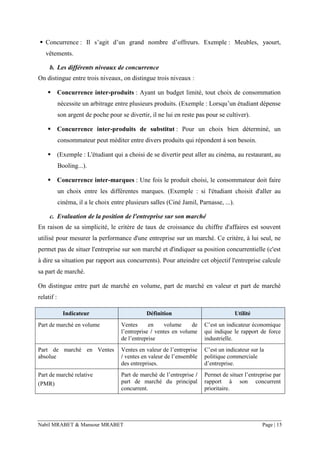 Nabil MRABET & Mansour MRABET Page | 15
▪ Concurrence : Il s’agit d’un grand nombre d’offreurs. Exemple : Meubles, yaourt,
vêtements.
b. Les différents niveaux de concurrence
On distingue entre trois niveaux, on distingue trois niveaux :
▪ Concurrence inter-produits : Ayant un budget limité, tout choix de consommation
nécessite un arbitrage entre plusieurs produits. (Exemple : Lorsqu’un étudiant dépense
son argent de poche pour se divertir, il ne lui en reste pas pour se cultiver).
▪ Concurrence inter-produits de substitut : Pour un choix bien déterminé, un
consommateur peut méditer entre divers produits qui répondent à son besoin.
▪ (Exemple : L'étudiant qui a choisi de se divertir peut aller au cinéma, au restaurant, au
Booling...).
▪ Concurrence inter-marques : Une fois le produit choisi, le consommateur doit faire
un choix entre les différentes marques. (Exemple : si l'étudiant choisit d'aller au
cinéma, il a le choix entre plusieurs salles (Ciné Jamil, Parnasse, ...).
c. Evaluation de la position de l'entreprise sur son marché
En raison de sa simplicité, le critère de taux de croissance du chiffre d'affaires est souvent
utilisé pour mesurer la performance d'une entreprise sur un marché. Ce critère, à lui seul, ne
permet pas de situer l'entreprise sur son marché et d'indiquer sa position concurrentielle (c'est
à dire sa situation par rapport aux concurrents). Pour atteindre cet objectif l'entreprise calcule
sa part de marché.
On distingue entre part de marché en volume, part de marché en valeur et part de marché
relatif :
Indicateur Définition Utilité
Part de marché en volume Ventes en volume de
l’entreprise / ventes en volume
de l’entreprise
C’est un indicateur économique
qui indique le rapport de force
industrielle.
Part de marché en Ventes
absolue
Ventes en valeur de l’entreprise
/ ventes en valeur de l’ensemble
des entreprises.
C’est un indicateur sur la
politique commerciale
d’entreprise.
Part de marché relative
(PMR)
Part de marché de l’entreprise /
part de marché du principal
concurrent.
Permet de situer l’entreprise par
rapport à son concurrent
prioritaire.
 