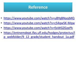 Reference
• https://www.youtube.com/watch?v=uBYqBNyojMQ
• https://www.youtube.com/watch?v=cS4qwSK-Mqw
• https://www.youtube.com/watch?v=fjxWGZGzePk
• https://entnemdept.ifas.ufl.edu/hodges/protectus/l
p_webfolder/9_12_grade/student_handout_1a.pdf
 