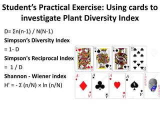 Student’s Practical Exercise: Using cards to
investigate Plant Diversity Index
D= Σn(n-1) / N(N-1)
Simpson’s Diversity Index
= 1- D
Simpson's Reciprocal Index
= 1 / D
Shannon - Wiener index
H’ = - Σ (n/N) × ln (n/N)
 