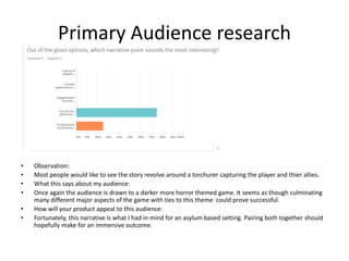 Primary Audience research
• Observation:
• Most people would like to see the story revolve around a torchurer capturing the player and thier allies.
• What this says about my audience:
• Once again the audience is drawn to a darker more horror themed game. It seems as though culminating
many different major aspects of the game with ties to this theme could prove successful.
• How will your product appeal to this audience:
• Fortunately, this narrative is what I had in mind for an asylum based setting. Pairing both together should
hopefully make for an immersive outcome.
 