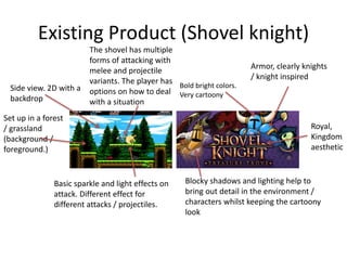 Existing Product (Shovel knight)
Bold bright colors.
Very cartoony
Side view. 2D with a
backdrop
Basic sparkle and light effects on
attack. Different effect for
different attacks / projectiles.
Blocky shadows and lighting help to
bring out detail in the environment /
characters whilst keeping the cartoony
look
Set up in a forest
/ grassland
(background /
foreground.)
The shovel has multiple
forms of attacking with
melee and projectile
variants. The player has
options on how to deal
with a situation
Royal,
Kingdom
aesthetic
Armor, clearly knights
/ knight inspired
 