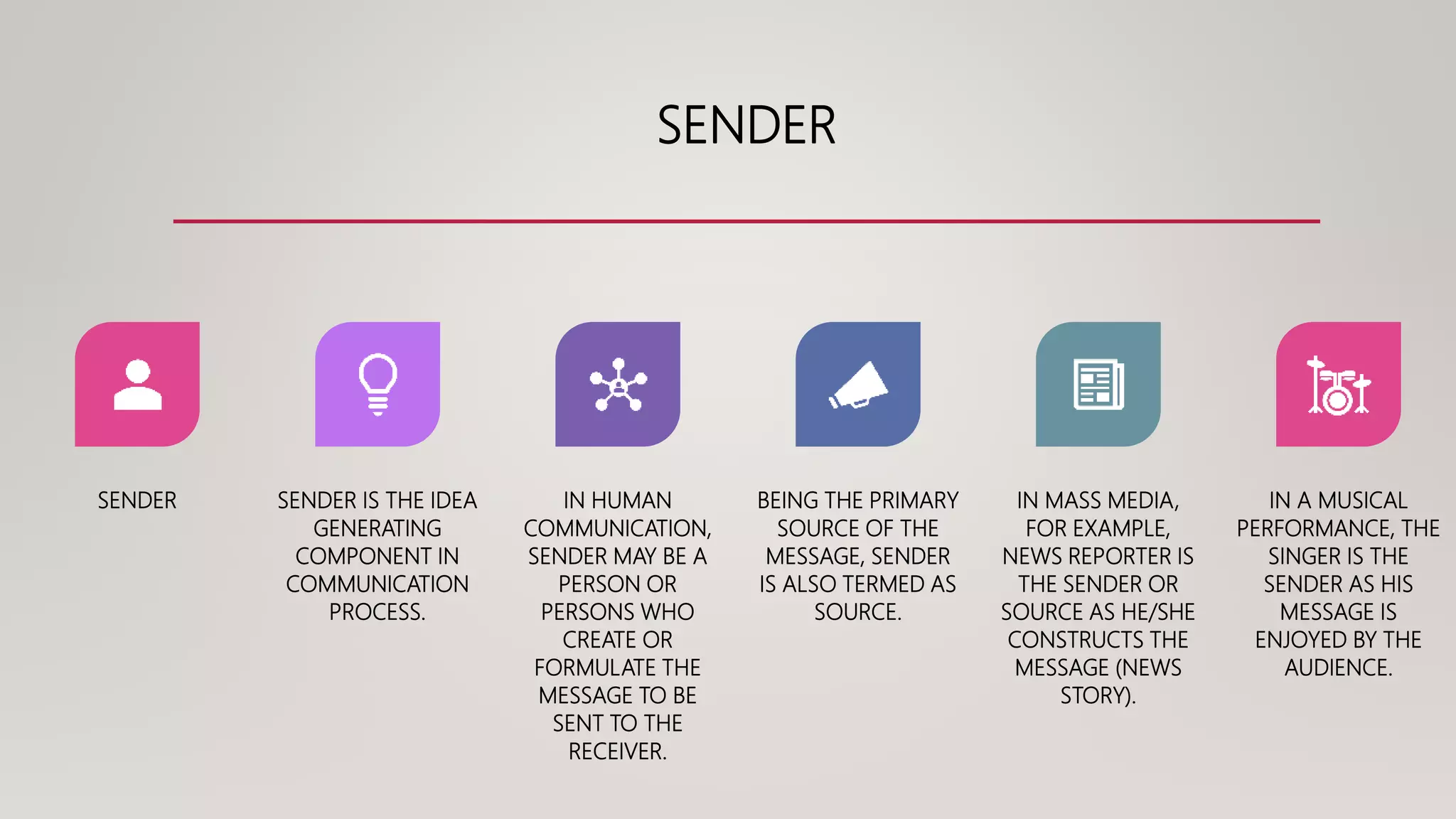 SENDER
SENDER SENDER IS THE IDEA
GENERATING
COMPONENT IN
COMMUNICATION
PROCESS.
IN HUMAN
COMMUNICATION,
SENDER MAY BE A
PERSON OR
PERSONS WHO
CREATE OR
FORMULATE THE
MESSAGE TO BE
SENT TO THE
RECEIVER.
BEING THE PRIMARY
SOURCE OF THE
MESSAGE, SENDER
IS ALSO TERMED AS
SOURCE.
IN MASS MEDIA,
FOR EXAMPLE,
NEWS REPORTER IS
THE SENDER OR
SOURCE AS HE/SHE
CONSTRUCTS THE
MESSAGE (NEWS
STORY).
IN A MUSICAL
PERFORMANCE, THE
SINGER IS THE
SENDER AS HIS
MESSAGE IS
ENJOYED BY THE
AUDIENCE.
 