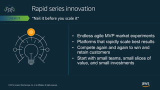 © 2019, Amazon Web Services, Inc. or its Affiliates. All rights reserved.
• Endless agile MVP market experiments
• Platfor...