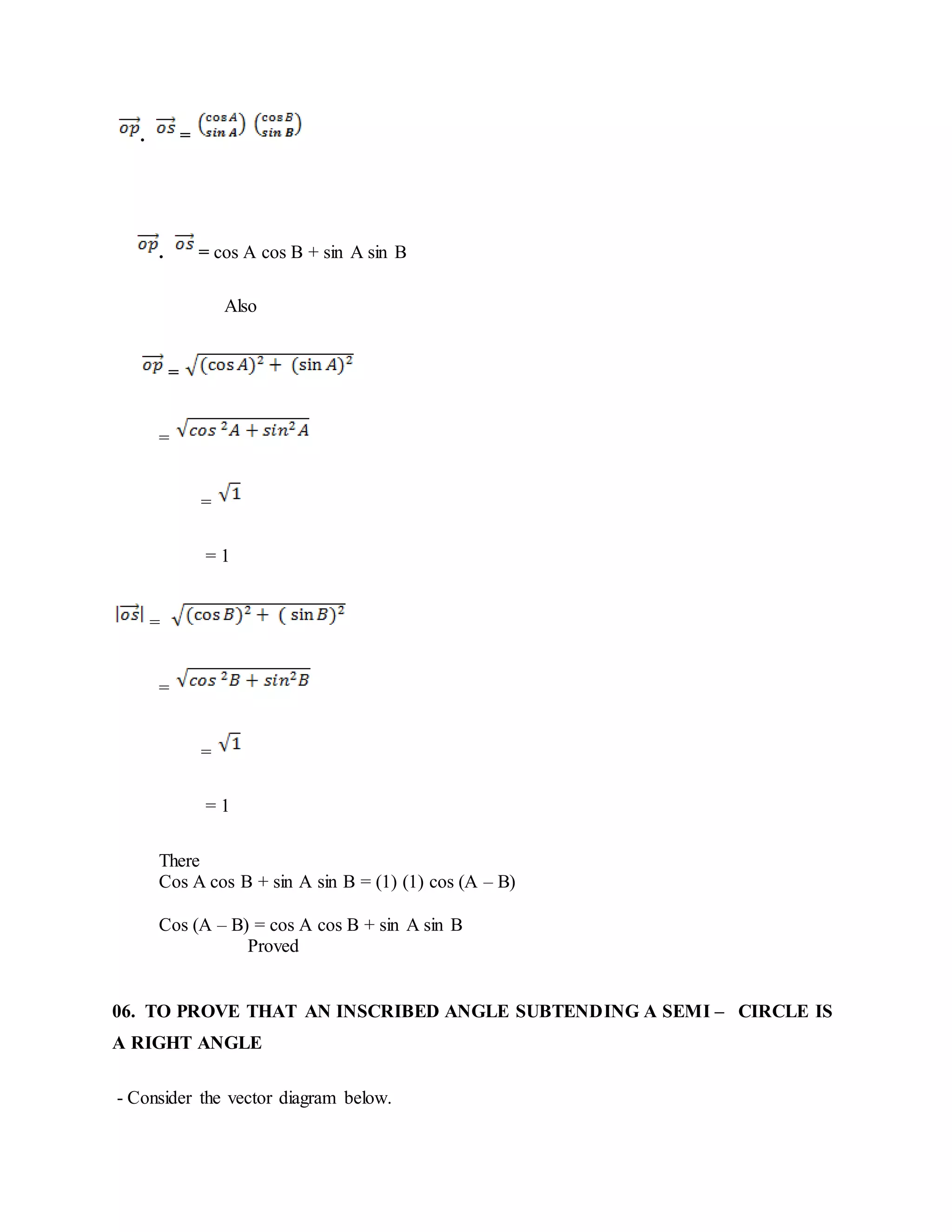 . =
. = cos A cos B + sin A sin B
Also
=
=
=
= 1
=
=
=
= 1
There
Cos A cos B + sin A sin B = (1) (1) cos (A – B)
Cos (A – B) = cos A cos B + sin A sin B
Proved
06. TO PROVE THAT AN INSCRIBED ANGLE SUBTENDING A SEMI – CIRCLE IS
A RIGHT ANGLE
- Consider the vector diagram below.
 