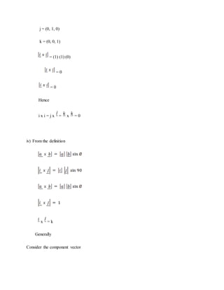 j = (0, 1, 0)
k = (0, 0, 1)
= (1) (1) (0)
= 0
= 0
Hence
i x i = j x = x = 0
iv) From the definition
x = k
Generally
Consider the component vector
 