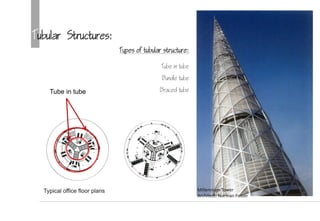 Tubular Structures:
Millennium Tower
Architect: Norman Foster
Tube in tube
Tube in tube
Bundle tube
Braced tube
Types of tubular structure:
 