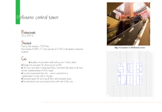 Melbourne central tower
Building height:
211 m, 2 ft
Structural:
Floor to floor distance, 3,875mm.
Floor loading 4.0kPa, 5.0 kpa average & 10 kPa in designated compactus
locations.
Core
Straight core perimeter walls with access/service doors.
Through core passages for direct access on lifts.
Lifts face each other in dedicated lobby. Consistent floor plate on all rises
permits standardisation of office layout.
Tea room incorporated into core - can be converted to a
communication/server room or storage.
Dedicated goods lift servicing all floors and basement areas.
Two dedicated risers are located in the north side of the core.
Fig: 3 Escalator in Melbourne tower
 