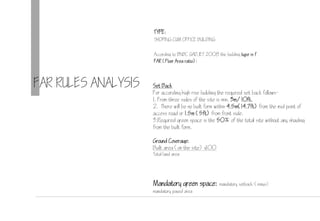 FAR RULES ANALYSIS
TYPE:
SHOPING CUM OFFICE BUILDING
According to BNBC GADJET 2008 the building type is f
FAR (Floor Area ratio):
Set Back
For according high rise building the required set back follows-
1. From three sides of the site is min. 3m/10ft.
2. There will be no built form within 4.5m(14.7ft) from the mid point of
access road or 1.5m (5ft) from front side.
3.Required green space is the 50% of the total site without any shading
from the built form.
Ground Coverage:
Built area (on the site) x100
Total land area
Mandatory green space: mandatory setback-(minus)
mandatory paved area
 
