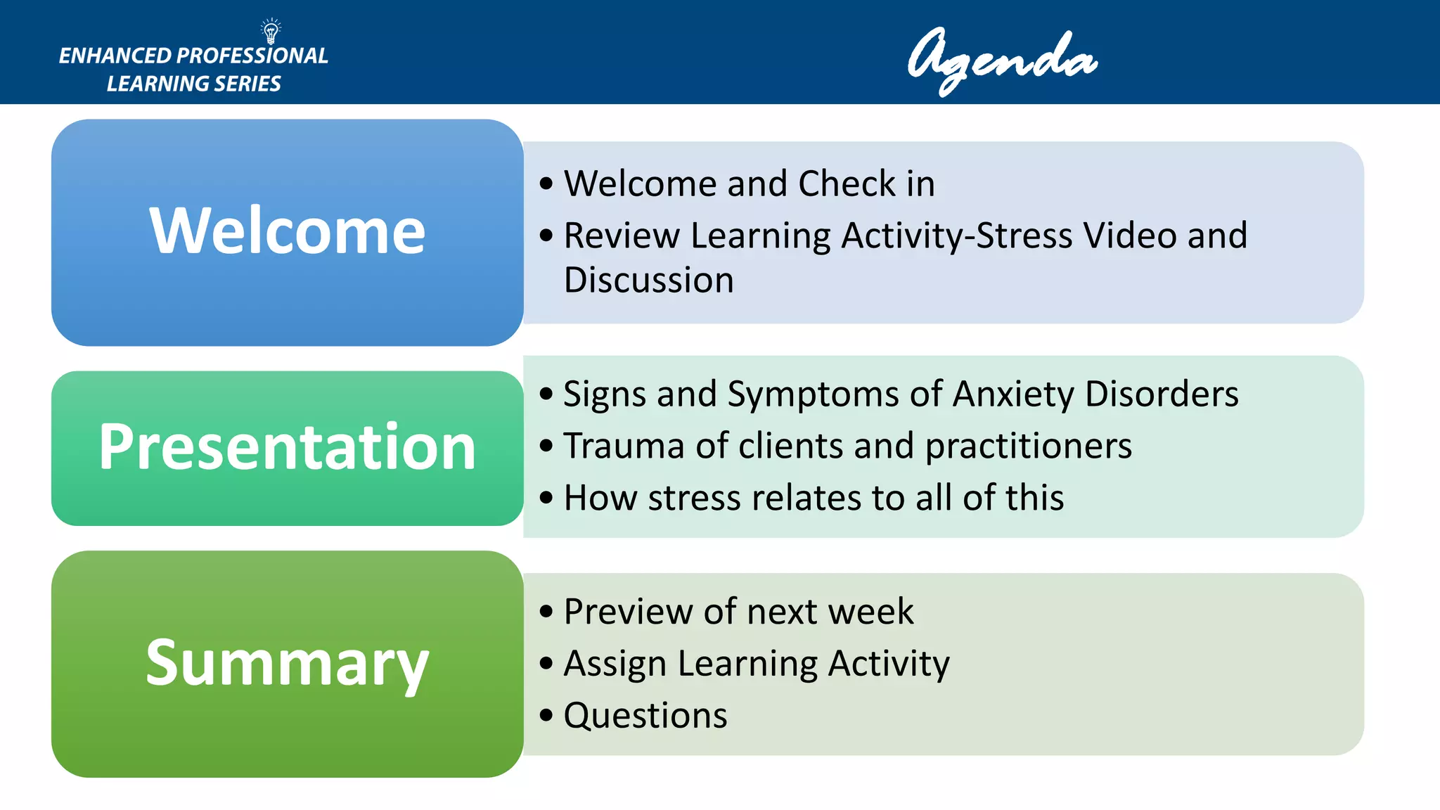 • Welcome and Check in
• Review Learning Activity-Stress Video and
Discussion
Welcome
• Signs and Symptoms of Anxiety Disorders
• Trauma of clients and practitioners
• How stress relates to all of this
Presentation
• Preview of next week
• Assign Learning Activity
• Questions
Summary
Agenda
 